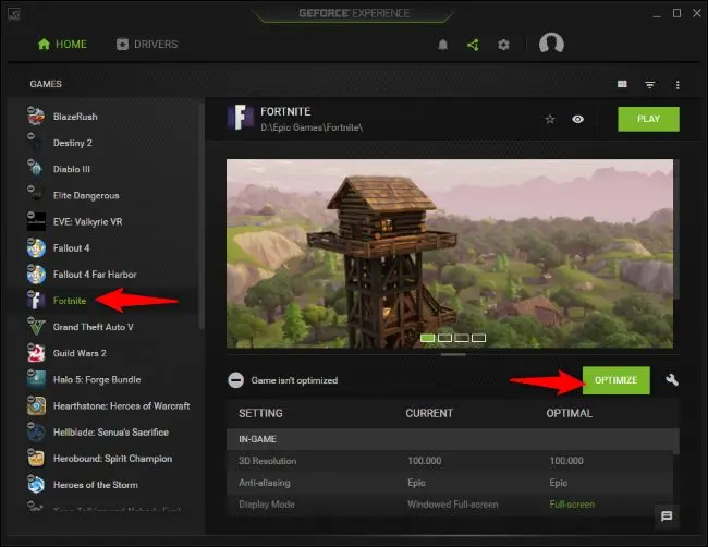 GeForce Experience poate optimiza setările joc cu joc pentru a maximiza performanța.
