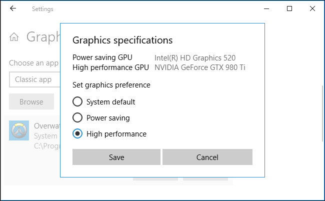 Windows poate comuta între un GPU dedicat și un GPU integrat pentru a economisi energie.