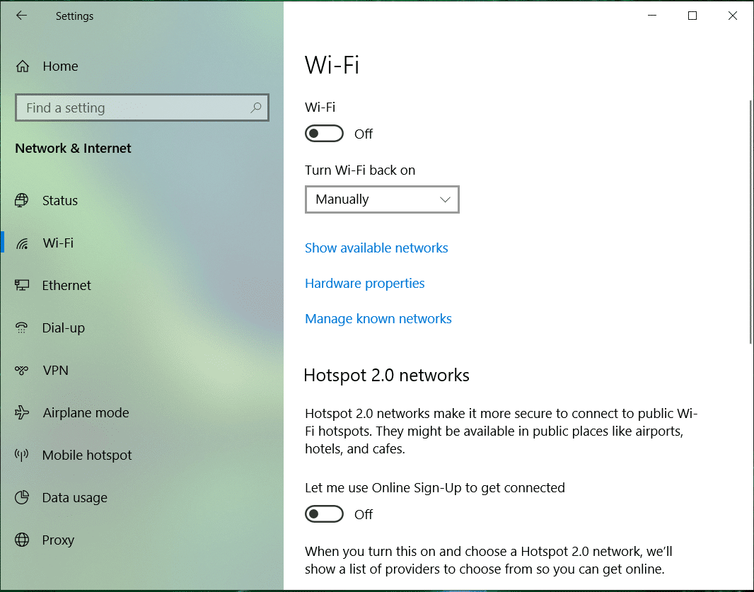 حدد Wi-Fi وقم بتعطيل كل شيء ضمن Wi-Fi Sense في النافذة اليمنى