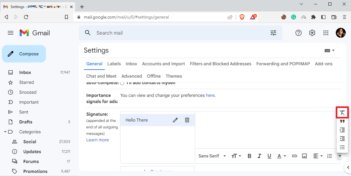 Cliquez sur l'icône déroulante, puis cliquez sur l'icône Supprimer la mise en forme | Les images de signature Gmail ne s'affichent pas