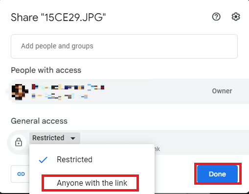 Cliquez sur Toute personne disposant du lien, puis cliquez sur Terminé | Les images de signature Gmail ne s'affichent pas