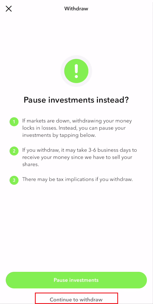 toca Retirar - Continuar retirando | crear cuenta de inversión Bellotas