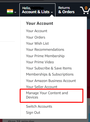Açılır menüden İçeriğinizi ve Cihazlarınızı Yönetin seçeneğini belirleyin. | Amazon'da kayıtlı cihazınızı değiştirin