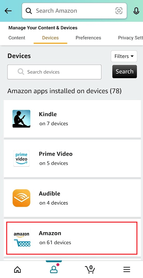 Kayıtlı tüm cihazları görmek için listeden Amazon'a dokunun