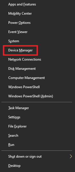 ปุ่ม Windows และปุ่ม X คลิกที่ตัวจัดการอุปกรณ์