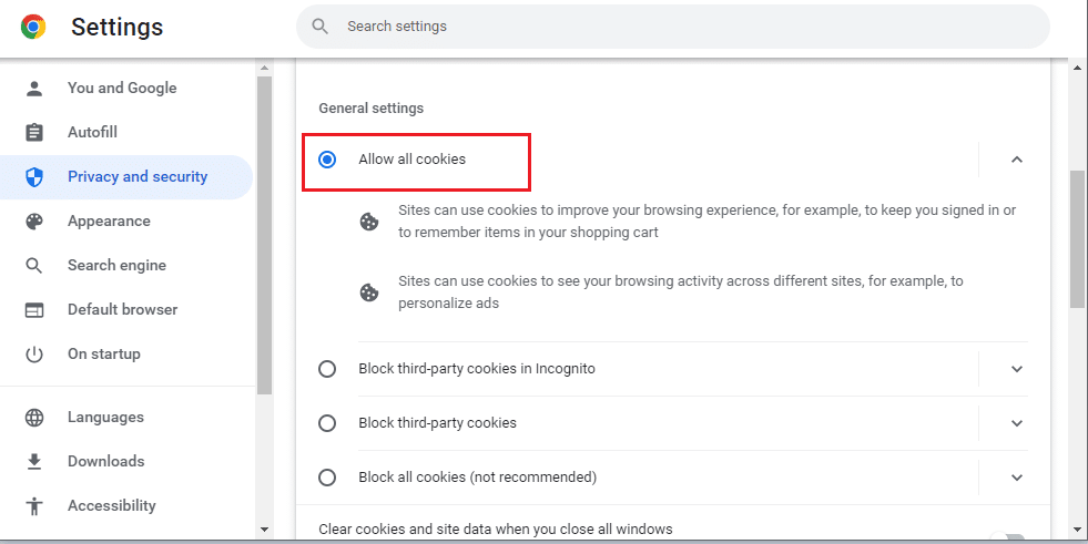 Chrome ですべての Cookie を許可する