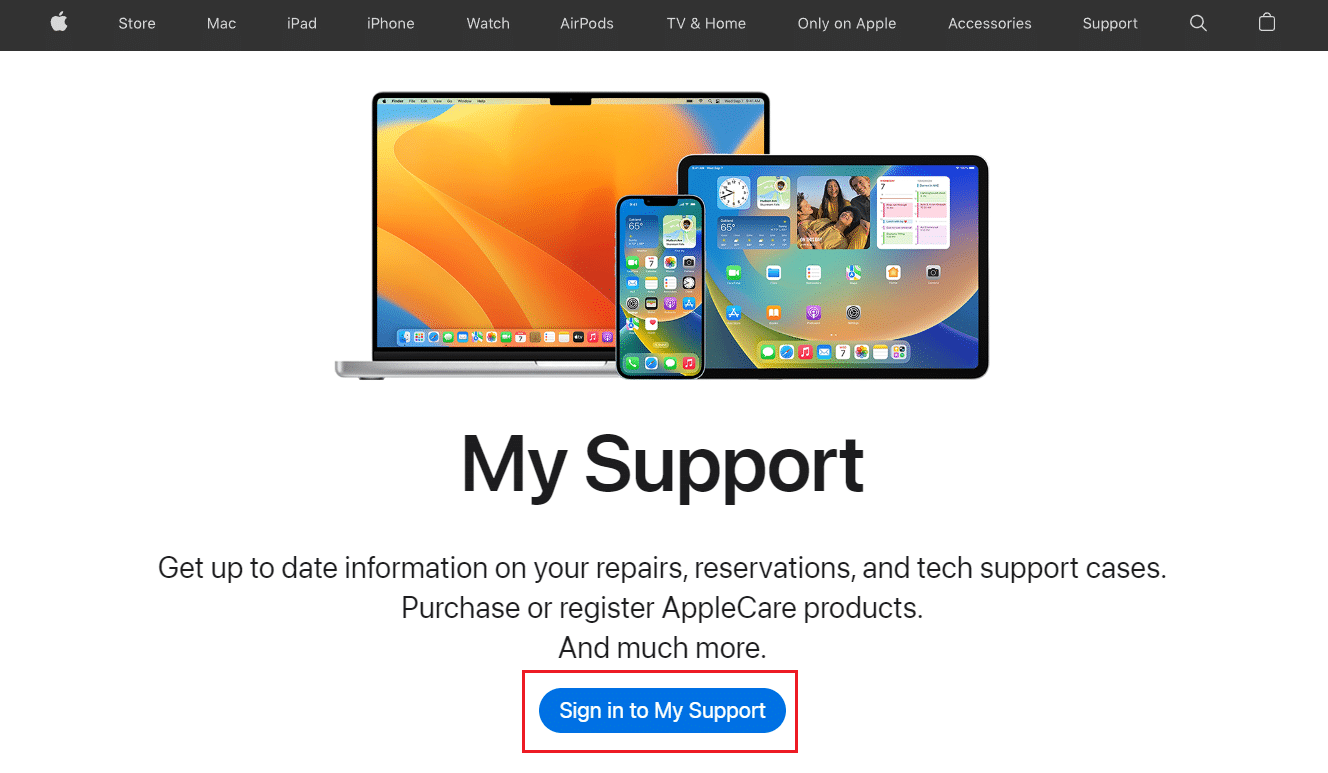 انقر فوق تسجيل الدخول إلى الدعم الخاص بي وقم بتسجيل الدخول باستخدام معرف Apple وكلمة المرور