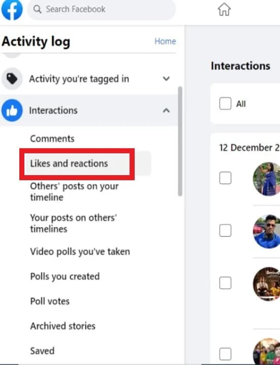 Din meniul drop-down, faceți clic pe Like-uri și reacții.