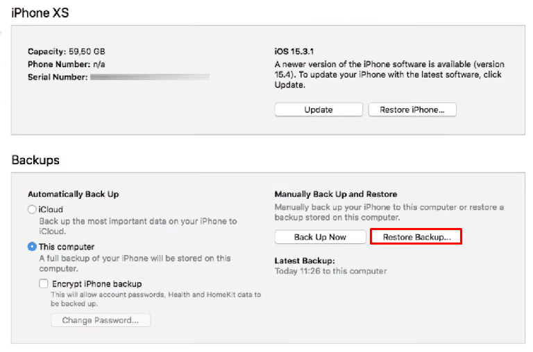 Agora, no menu do dispositivo, clique em Restaurar opção de backup e selecione um backup anterior que deseja restaurar. | Como consertar o iPhone XR preso no logotipo da Apple