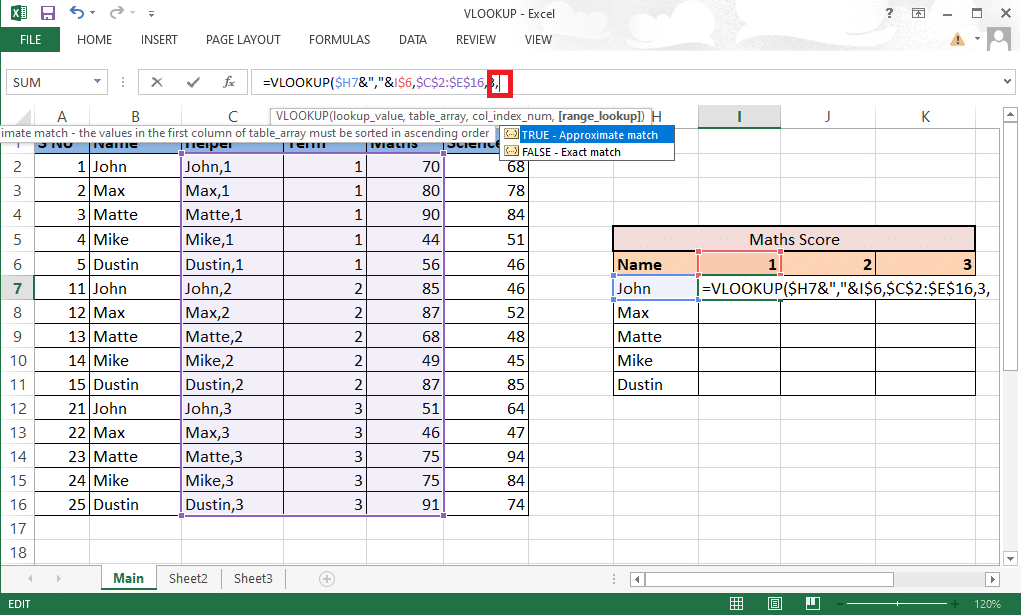 Range_lookup sonraki bağımsız değişkenine geçmek için virgül (,) yazın