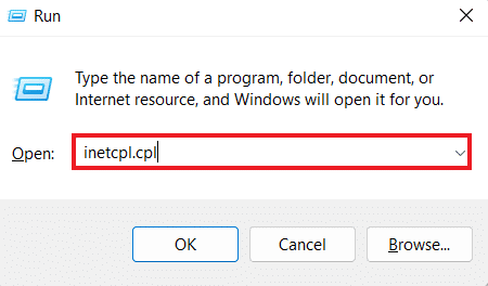 [実行] ボックスに inetcpl.cpl と入力します