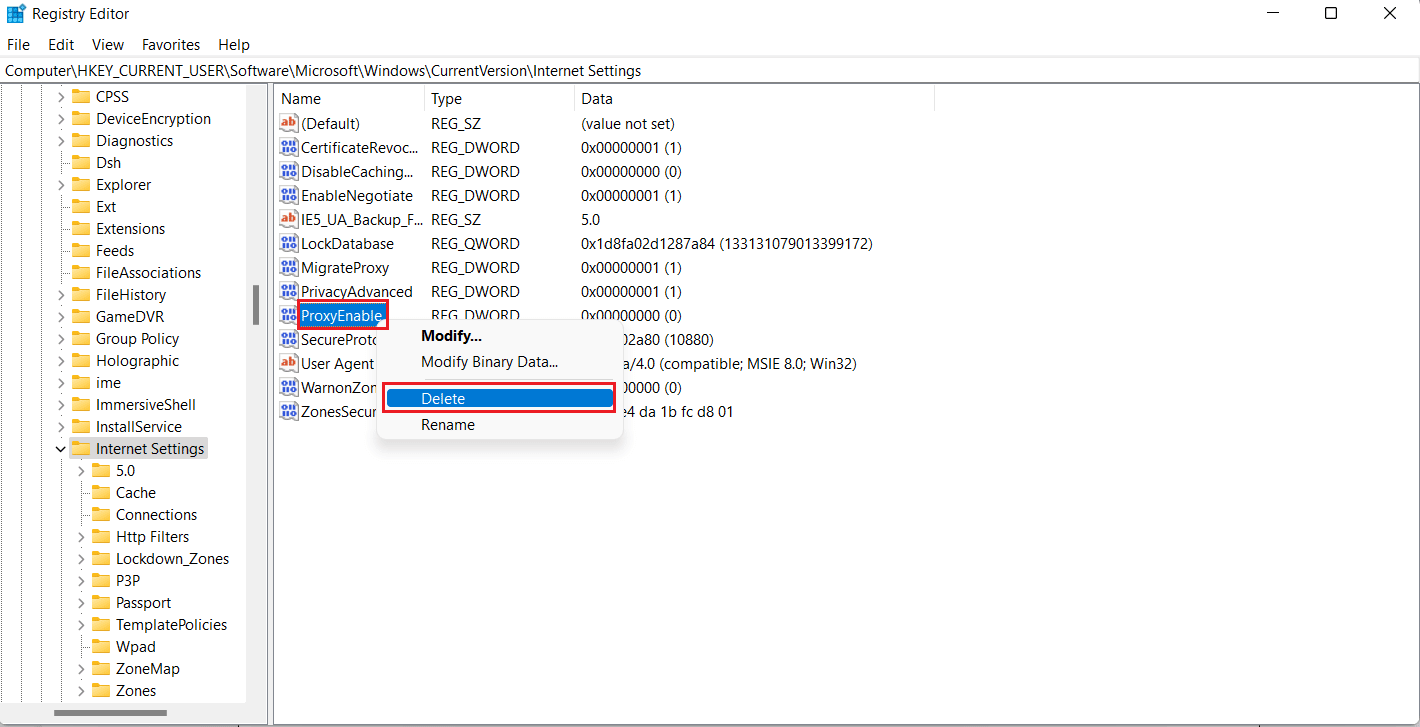 ProxyEnable を右クリックし、[削除] を選択します。 Err Proxy Connection Failed Chromeエラーを修正