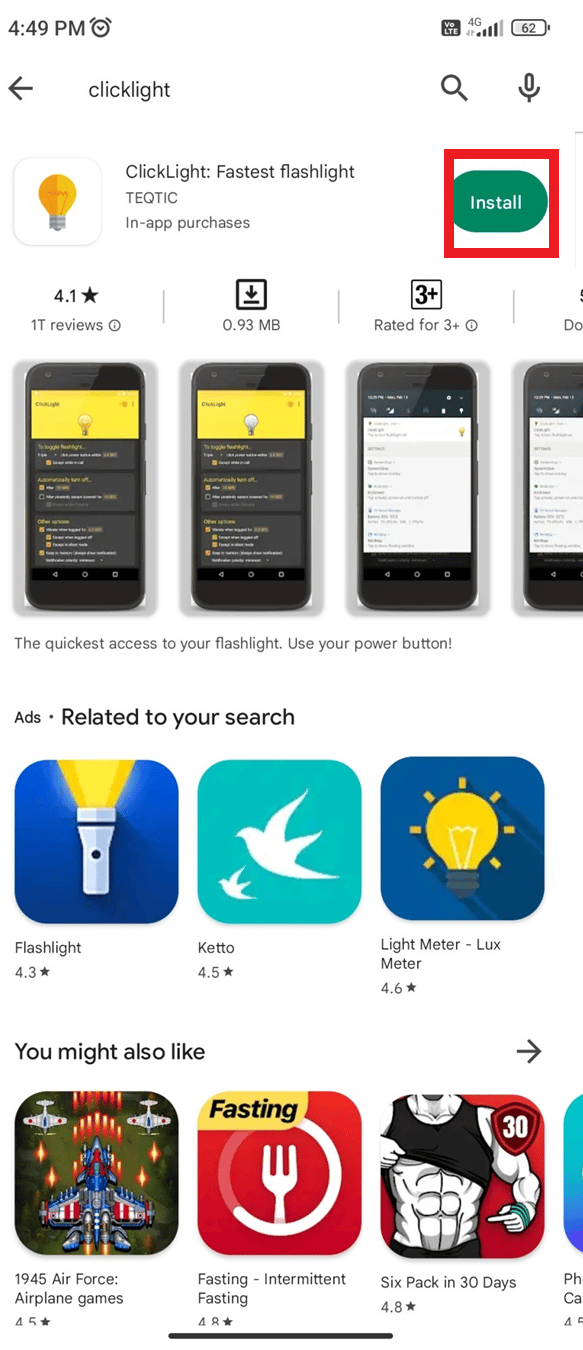 Recherchez l'application ClickLight et cliquez sur Installer
