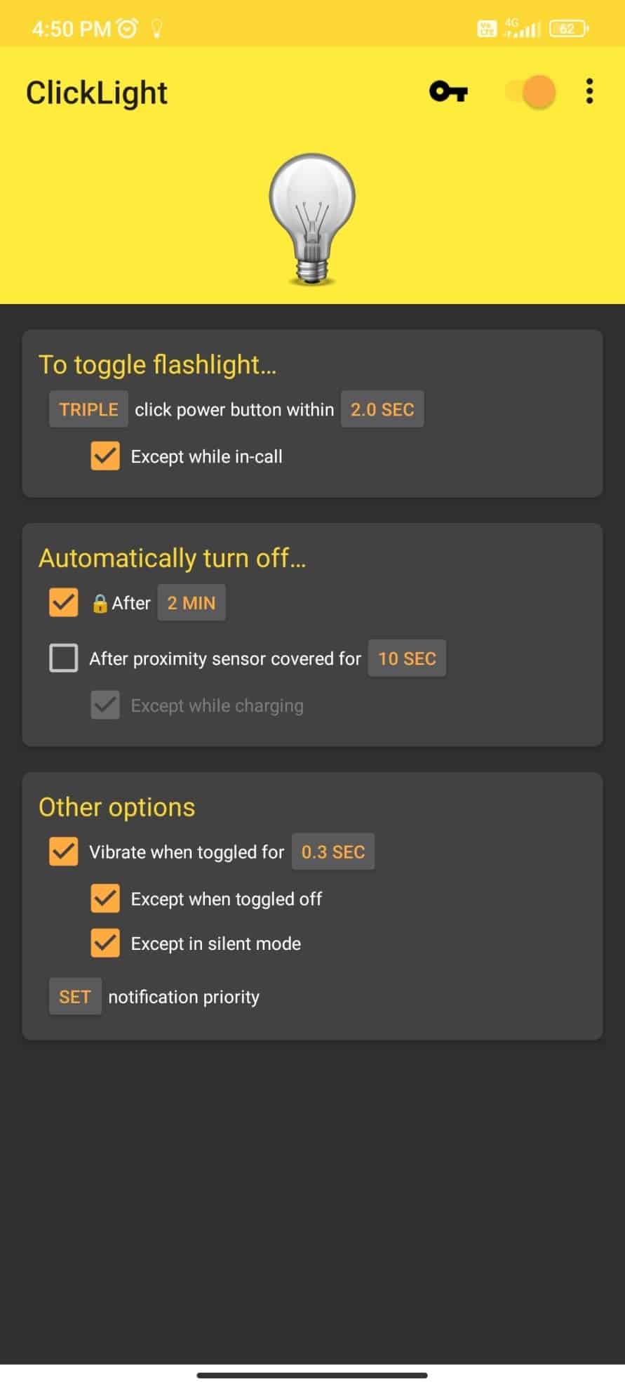 Ouvrez l'application et personnalisez les paramètres selon vos besoins. Comment allumer la lampe de poche sur Droid Turbo