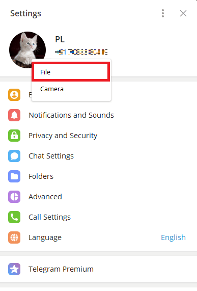 Cliquez sur Fichier pour télécharger des images depuis l'ordinateur. Comment ajouter, modifier et supprimer une photo de profil Telegram