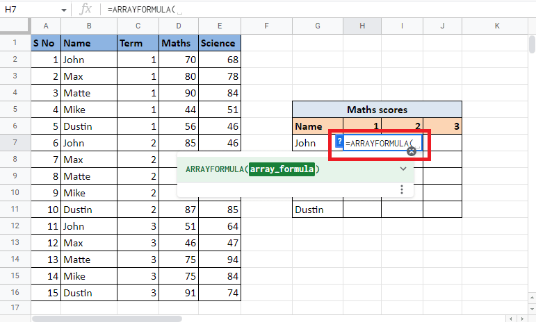 必要なセルに =ARRAY FORMULA を入力することから始めます