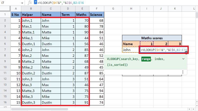 コンマ (,) を追加して、次の構文範囲に移動します。 VLOOKUP 値を見つけるために必要な値を含む列を選択します
