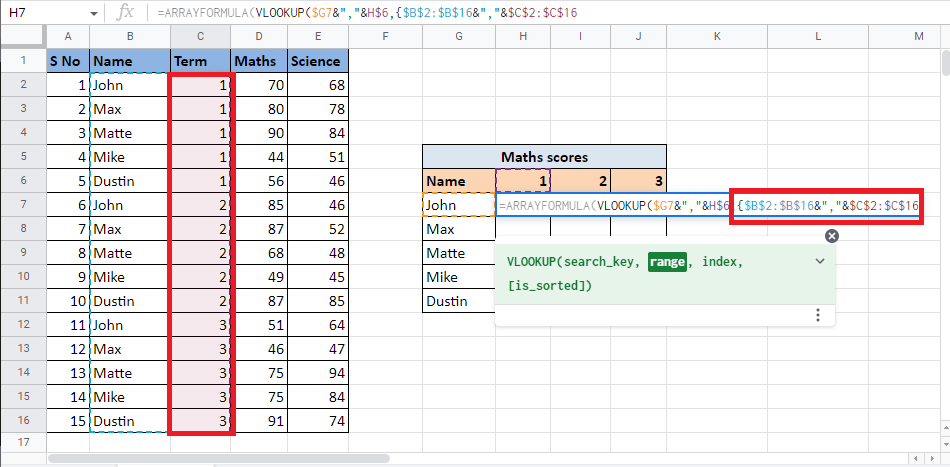 セパレーター (&”,”&) を追加し、Name 列と結合する Term 列を選択します。 F4 キーを押して、選択したセルをロックします。 Googleスプレッドシートで複数の基準と列をVLOOKUPする方法