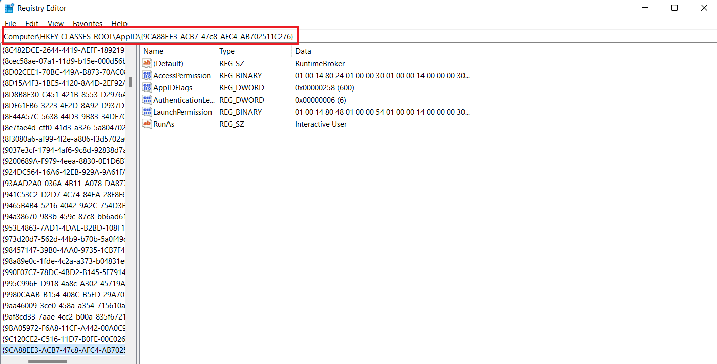 Arahkan ke Komputer\HKEY_CLASSES_ROOT\AppID\{9CA88EE3-ACB7-47c8-AFC4-AB702511C276}