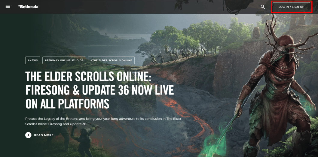 Clique no botão LOG IN/SIGN UP no canto superior direito do site. | mudar conta bethesda