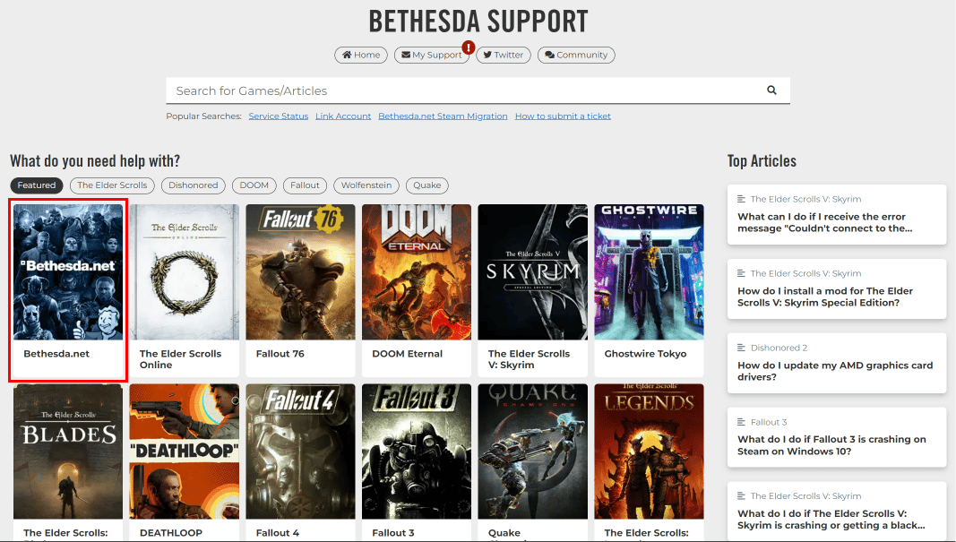 No centro de suporte, clique em Bethesda.net. | mudar conta bethesda