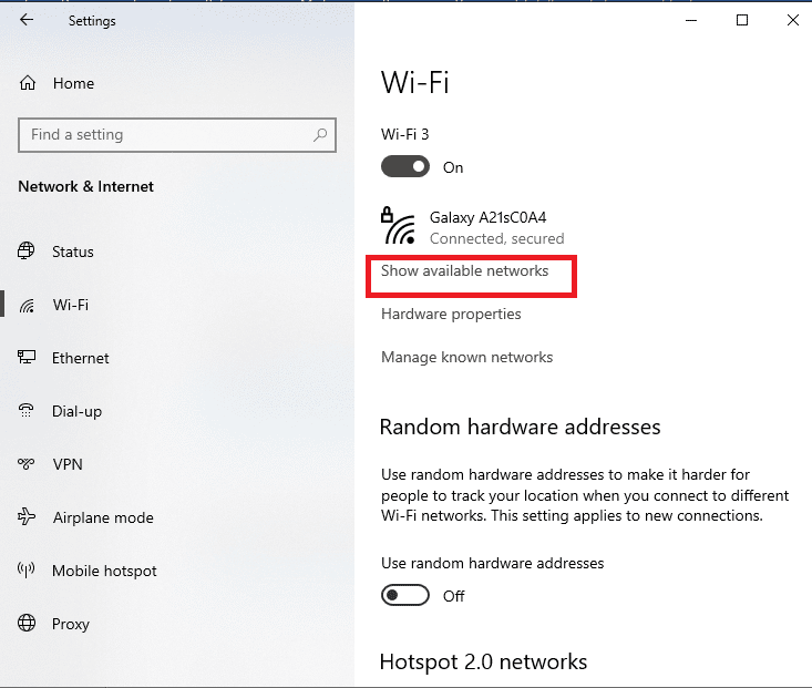 Faceți clic pe opțiunea Afișare rețele disponibile pentru a căuta rețele WiFi | Cod de probă gratuită pentru hotspot WiFi Cox