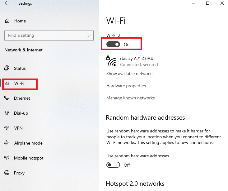 Treceți la fila Wi-Fi din panoul din stânga și comutați la opțiunea Wi-Fi pentru a activa WiFi