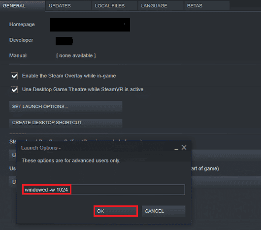 editar opções de inicialização como janela w 1024 Steam