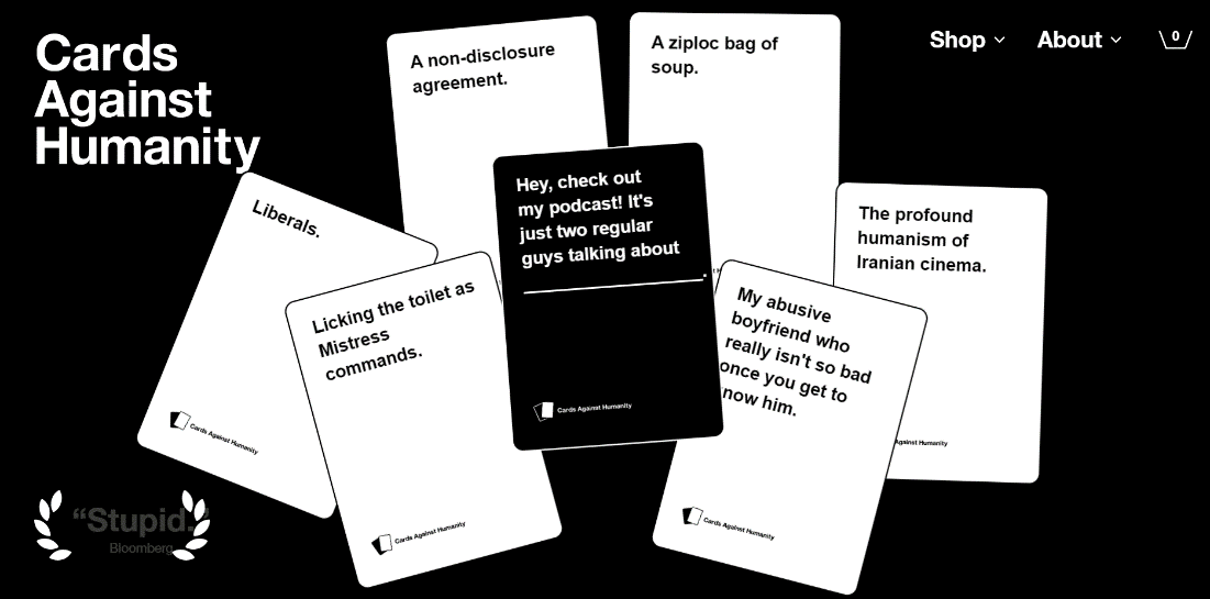 Página do Cards Against Humanity como jogar cartas contra a humanidade online com amigos