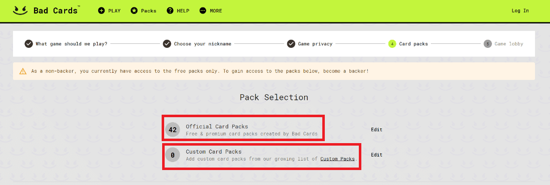 Escolha Pacotes de cartas oficiais ou Pacotes de cartas personalizados na Seleção de pacotes e clique em Concluir.