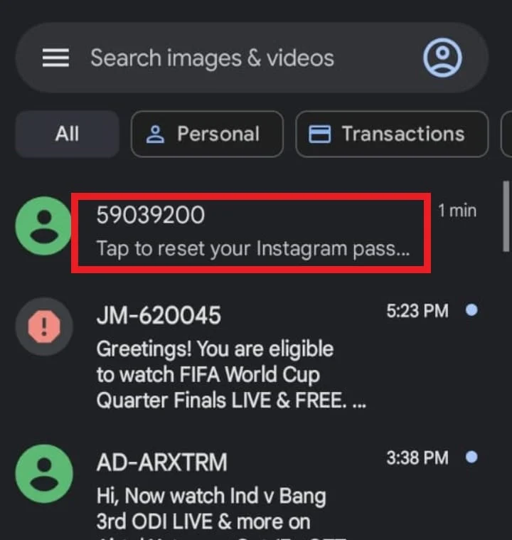 Periksa teks Anda untuk pesan dari Instagram.