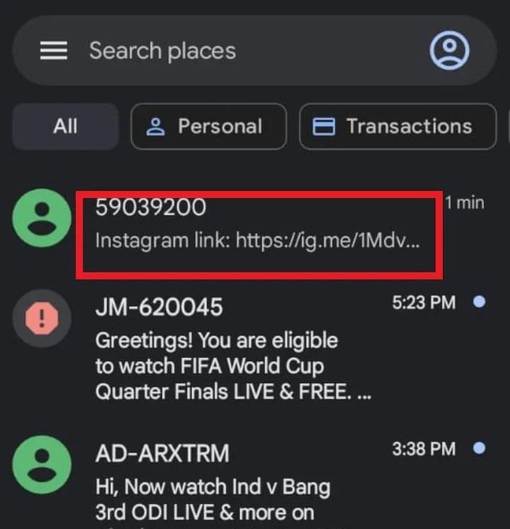 Buka pesan teks yang Anda terima dari Instagram