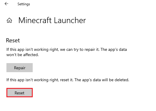 Minecraft ランチャーをリセットすると、アプリのデータが削除されます