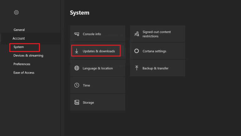 เลือกการอัปเดตและดาวน์โหลดในการตั้งค่าระบบ Xbox