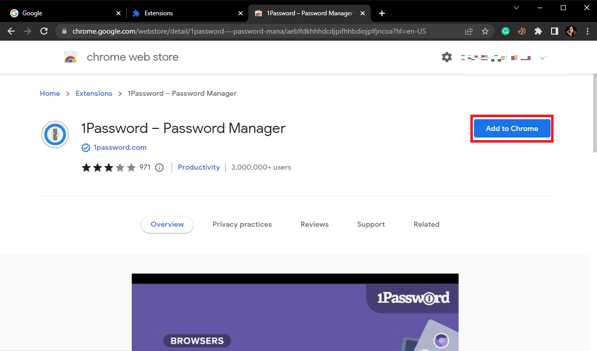 單擊添加到 Chrome 按鈕。修復 1Password 不在設備之間同步
