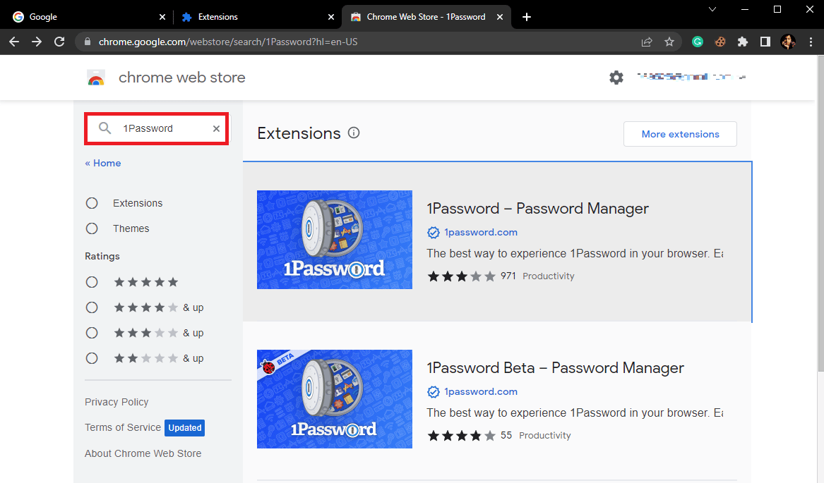 在搜索欄中輸入 1Password 並按 Enter 鍵