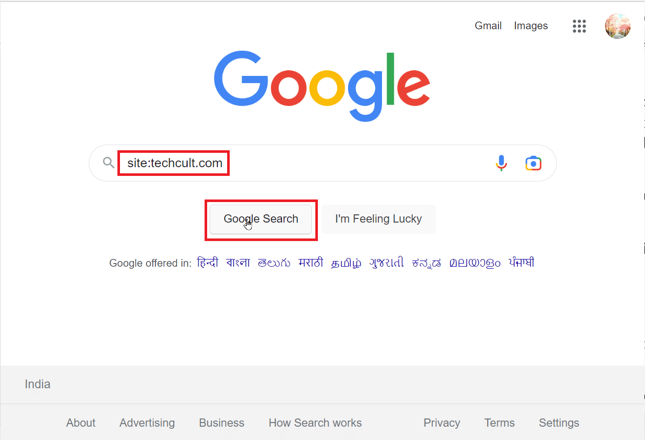 digite site: palavra-chave seguida por um URL de site e clique em pesquisa do google