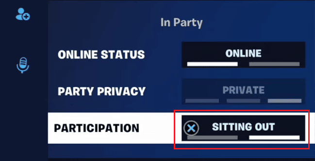 Passare all'opzione PARTECIPAZIONE e premere nuovamente il pulsante X sul controller per passare allo stato SITTING OUT | Come sedersi a Fortnite su PS4