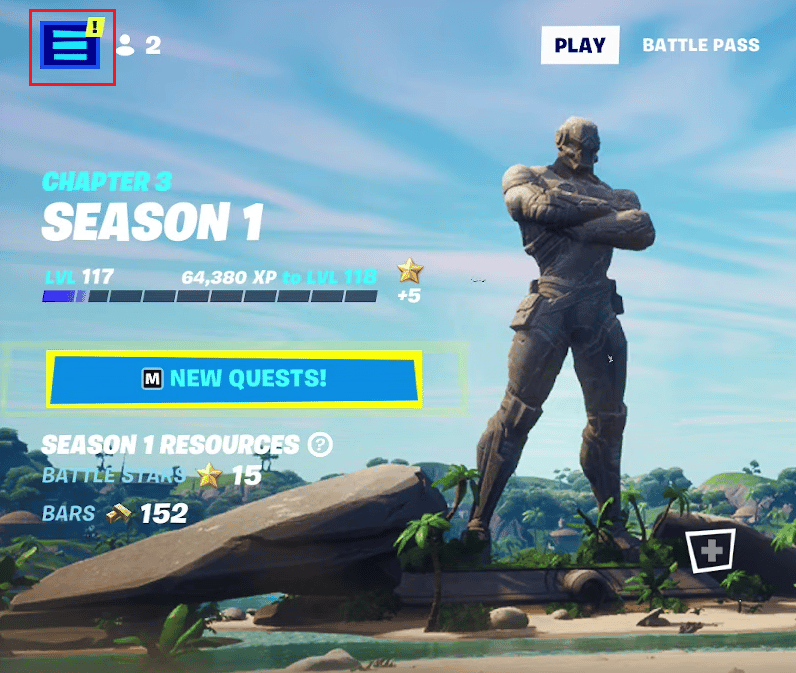 Dalla schermata di gioco di Fortnite, fai clic sull'icona dell'hamburger nell'angolo in alto a sinistra