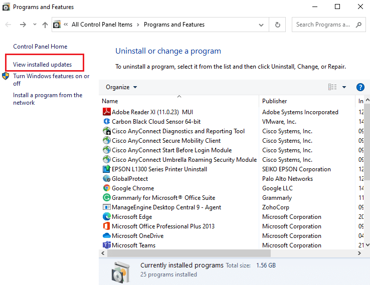 klik Lihat pembaruan yang diinstal. Perbaiki Microsoft Store Error 0x8A150006 di Windows 10