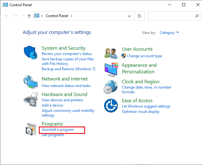 klik opsi Uninstall a program di bawah menu Programs. Kesalahan penyimpanan Microsoft 0x8A150006