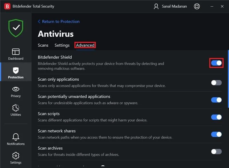 Klik Lanjutan dan gunakan sakelar sakelar untuk mematikan BitDefender Shield.