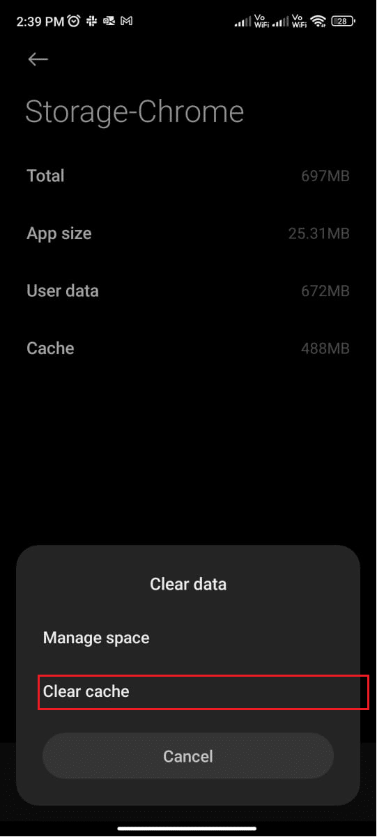 toque na opção Limpar cache e confirme o prompt tocando em OK