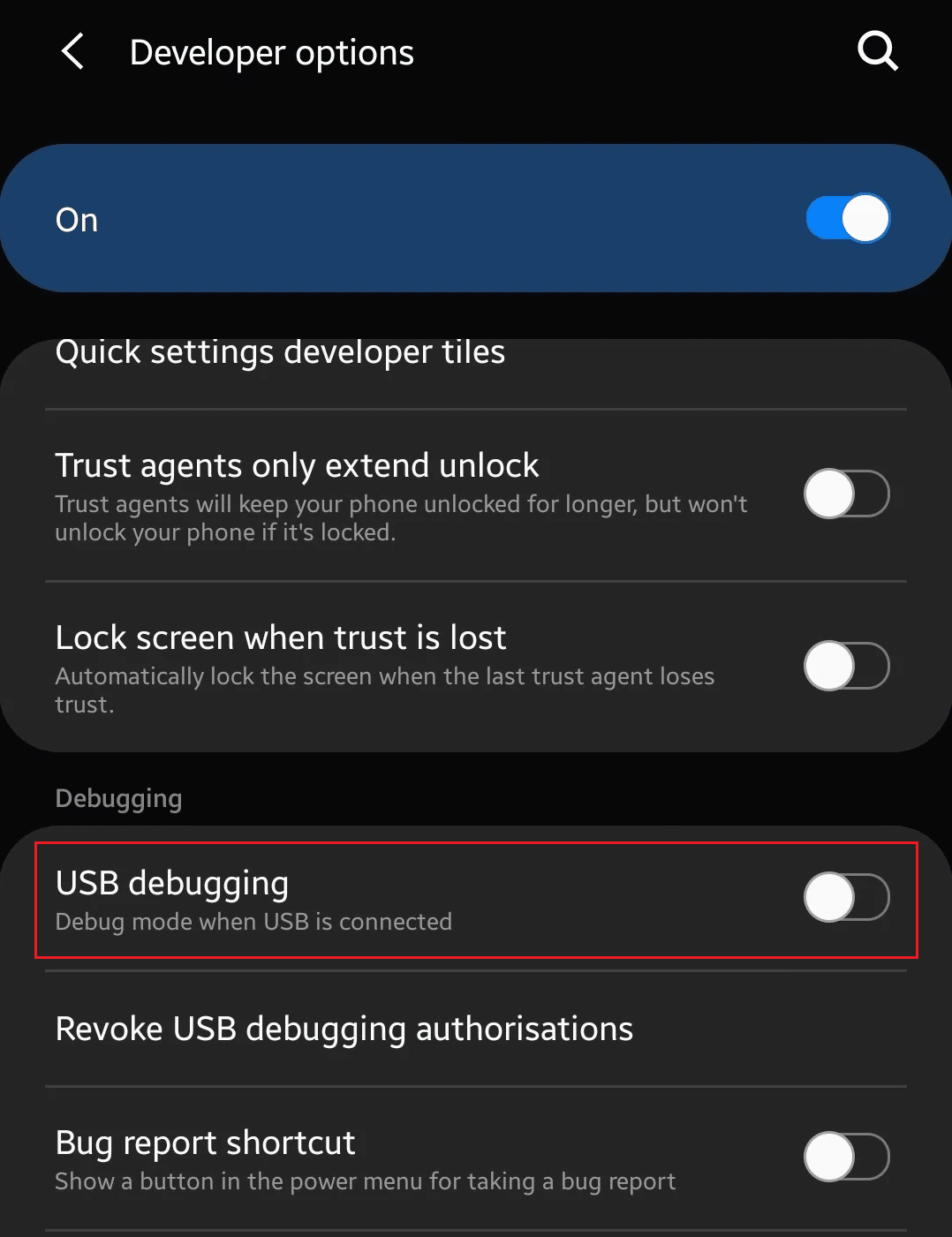 下にスワイプして、USBデバッグオプションのトグルをオンにして有効にします