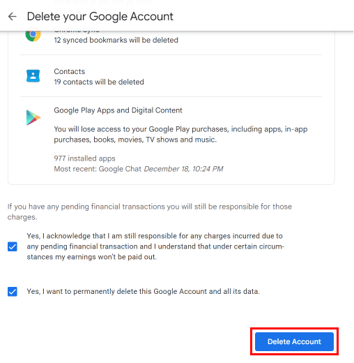 Seleziona tutte le caselle per accettare le condizioni e scorri verso il basso e fai clic sul pulsante Elimina account. | disattivare Google Chat