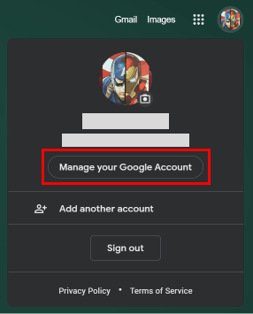 Fai clic su Gestisci il tuo account Google sotto il tuo nome e indirizzo email.