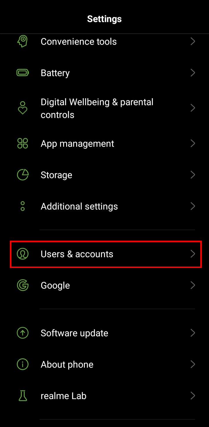 Scorri verso il basso fino a Utenti e account e toccalo. | disattivare Google Chat
