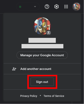Fai clic sul pulsante Esci per uscire dal tuo account Google. | disattivare Google Chat