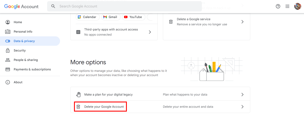 Scorri verso il basso e fai clic sull'opzione Elimina il tuo account Google.