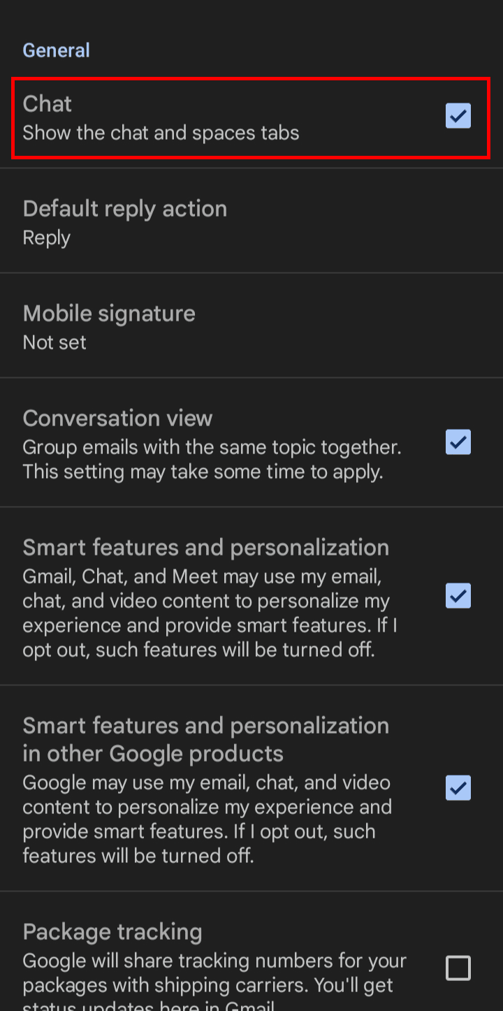 Scorri verso il basso fino a Generale, tocca Chat una volta per disabilitare la chat di Google.